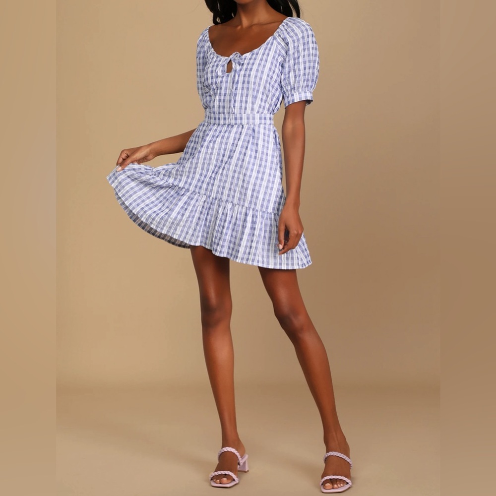 Lulu’s Lovely Breeze Blue and White Plaid Short Sleeve Mini Dress